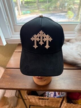 Men's Black Hat with Silver Crystal Cross Accent